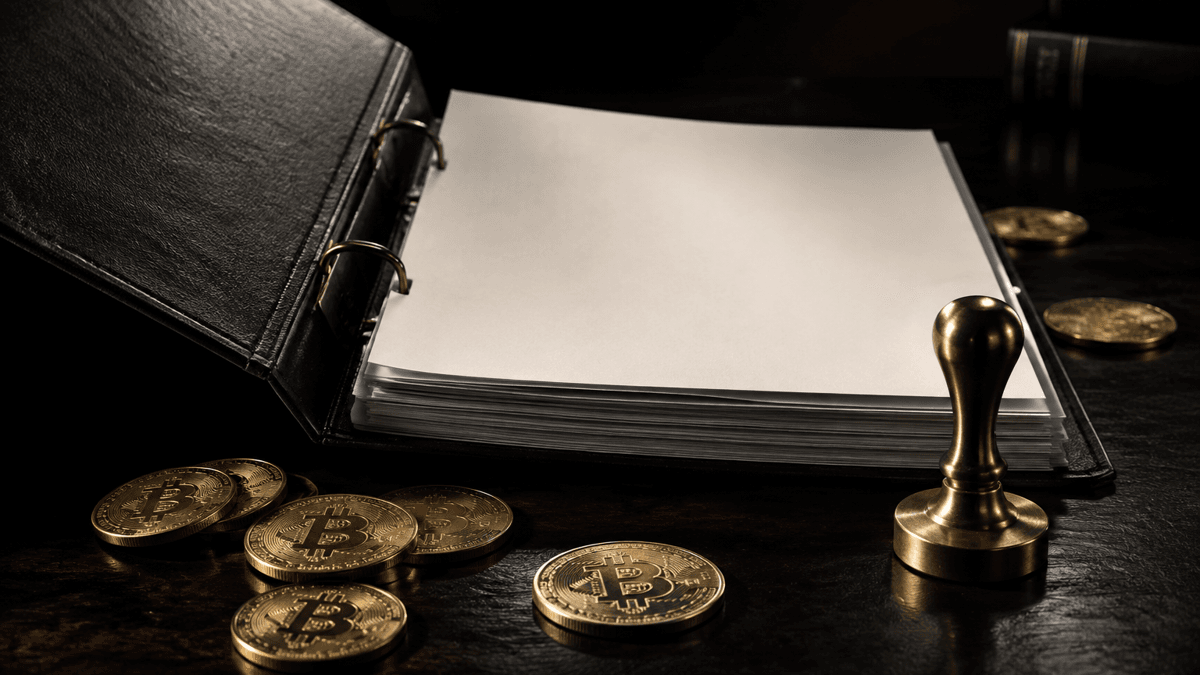 An open black ring binder holding blank, unprinted sheets on a dark law-office table, with gold coins scattered in front of it and a brass stamp