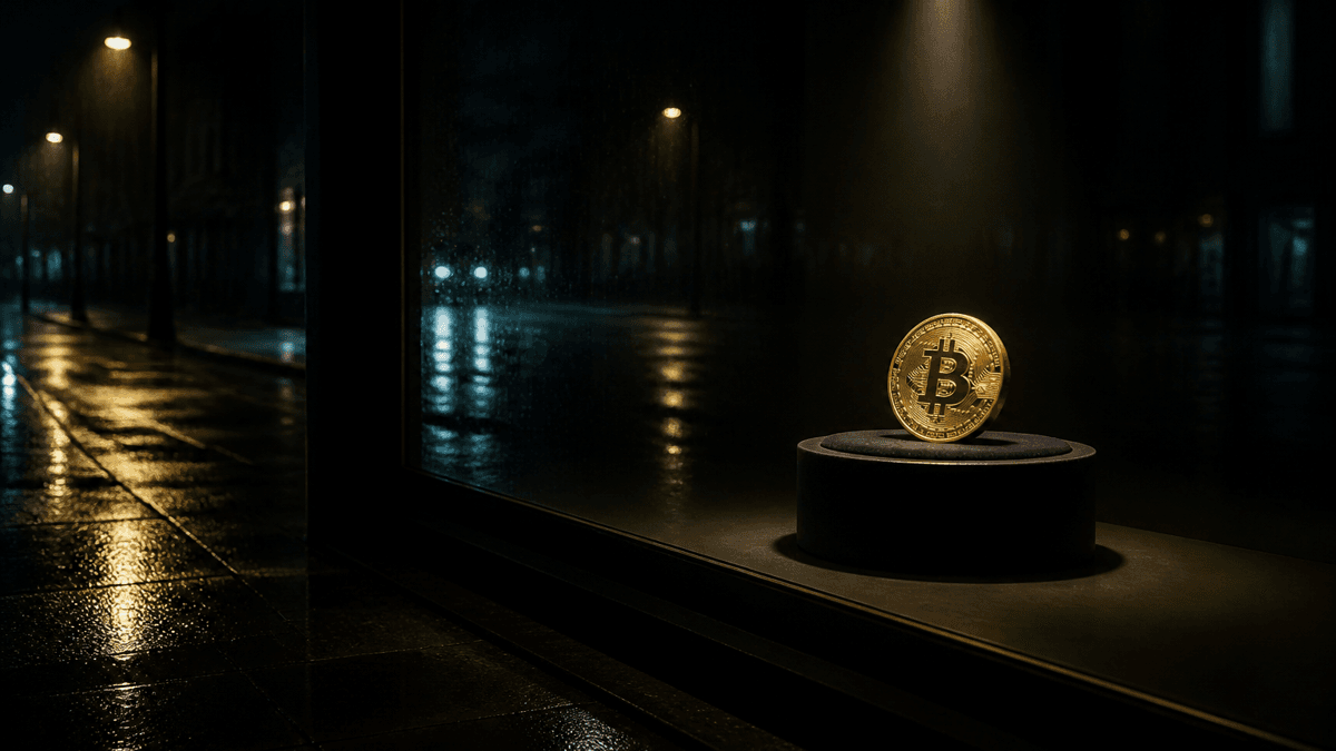 Nachtaufnahme durch eine fugenlose Panzerglasfront ohne Tür und ohne Griff auf eine angestrahlte Goldmuenze mit Bitcoin-Zeichen auf einem Samtsockel