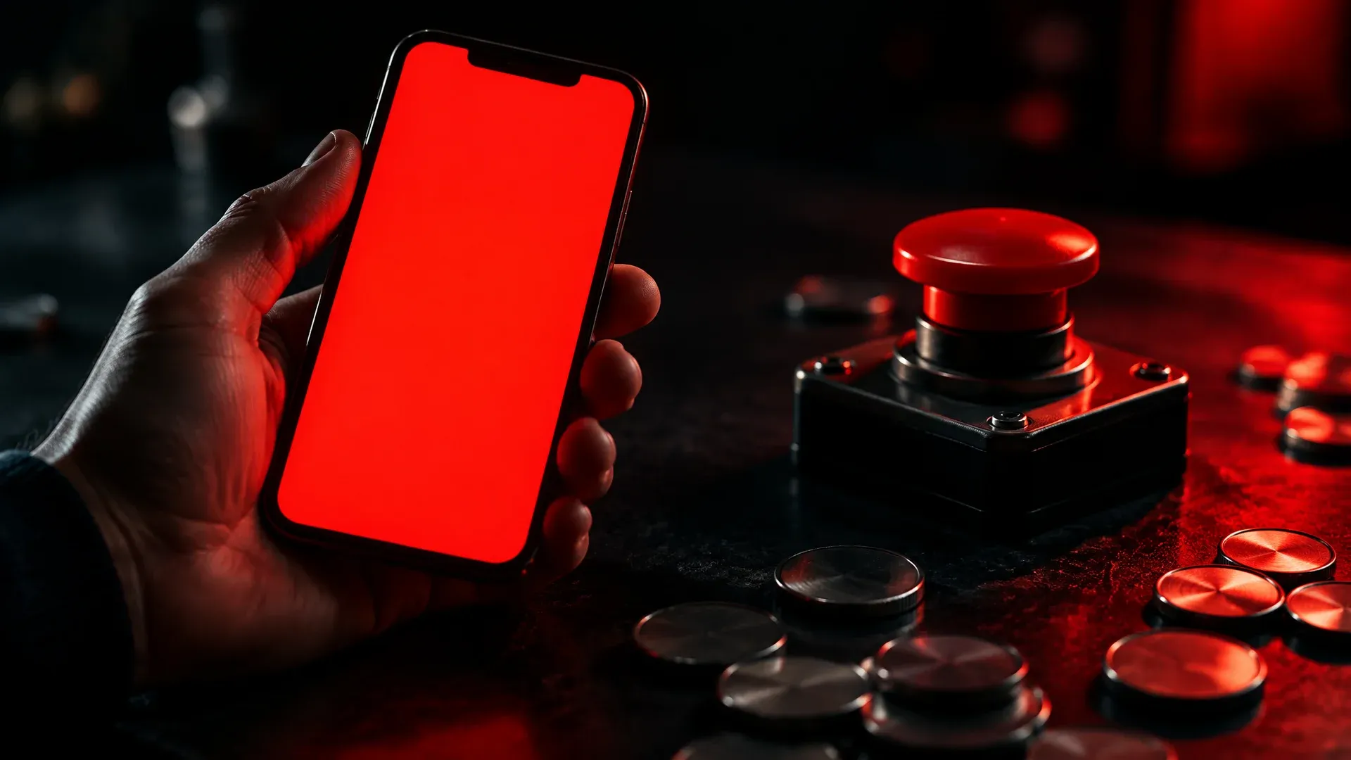Hand mit rot leuchtendem Smartphone neben einem roten Notaus-Knopf und Münzen