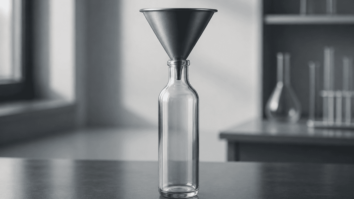 Metalltrichter auf einem schmalen Glasgefaess mit enger Oeffnung auf einer Labortischplatte