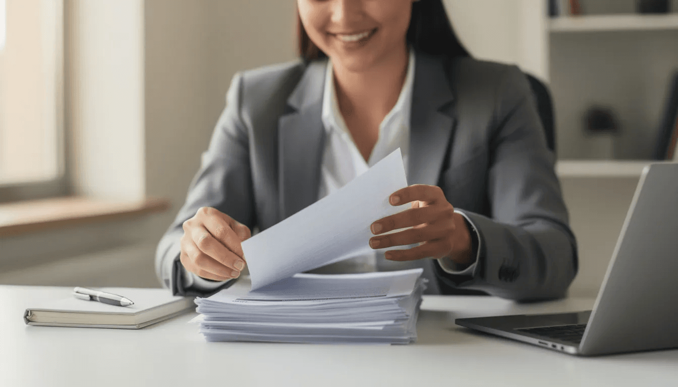 Eine Person lächelt zufrieden, während sie Dokumente am Schreibtisch ordnet, möglicherweise im Zusammenhang mit der Steuererklärung für Kryptowährungen.