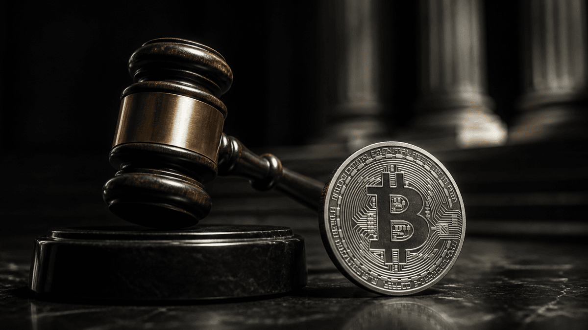 Hölzerner Richterhammer auf dunklem Steinsockel neben einer Silbermünze mit Bitcoin-Symbol