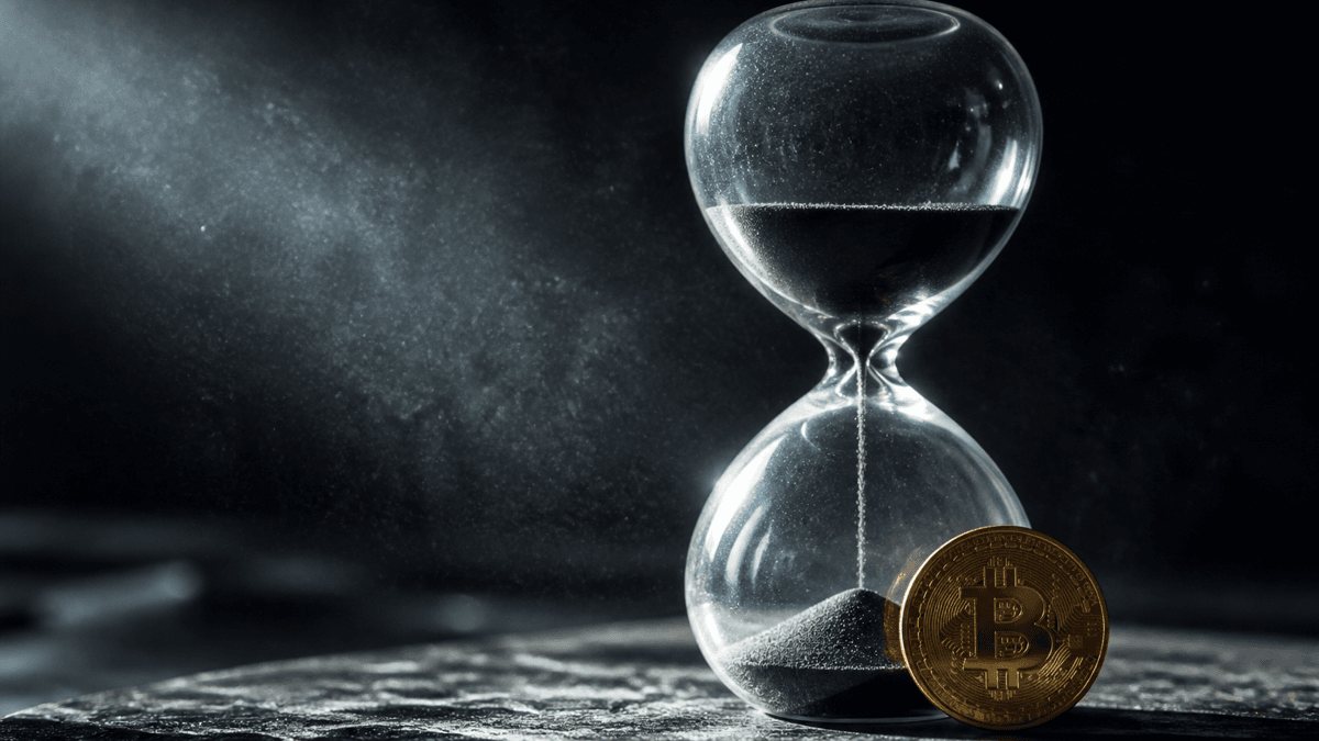 Glasklare Sanduhr mit fast durchgelaufenem dunklem Sand neben einer Münze mit Bitcoin-Symbol