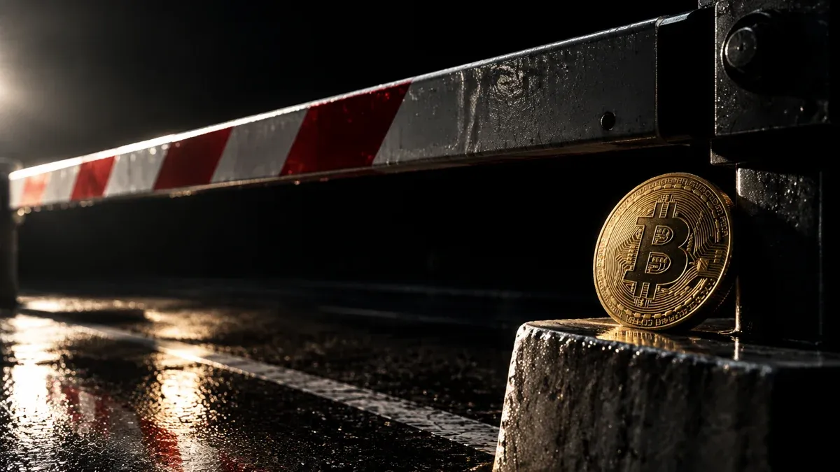 Schwerer Schlagbaum aus Metall senkt sich über eine nasse Fahrbahn, auf dem Betonsockel liegt eine Münze mit eingeprägtem Bitcoin-Zeichen im Streiflicht