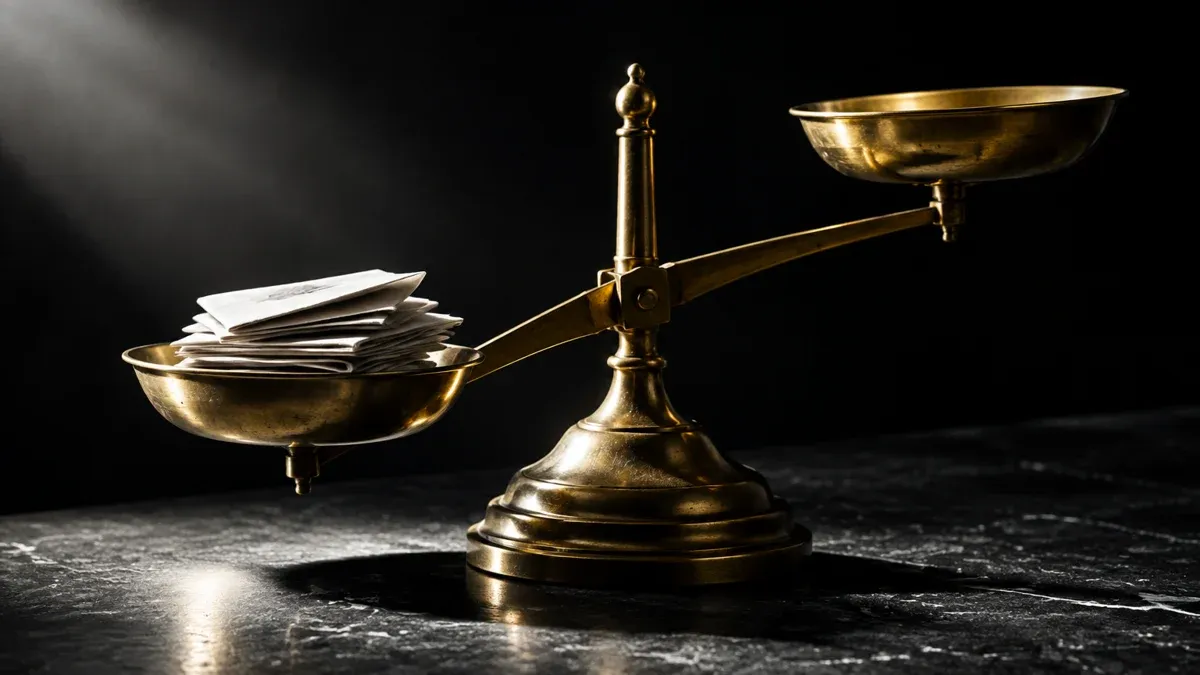 Schwere Messingwaage mit zwei Schalen auf dunklem Steintisch, in der linken Schale ein Stapel gefalteter Papiere, die rechte Schale leer und höher