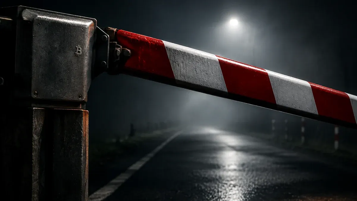 Halb abgesenkte rot-weiße Stahlschranke quer vor einer leeren nächtlichen Zufahrt im Nebel
