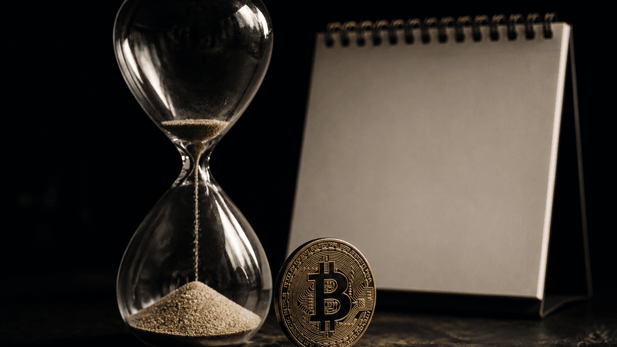 Gläserne Sanduhr mit fast durchgelaufenem Sand, leeres Kalenderblatt und eine stehende Metallmünze mit Bitcoin-Zeichen
