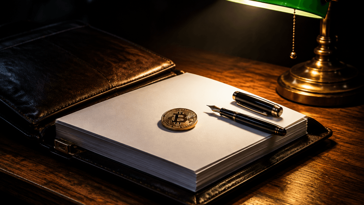 Aufgeschlagene Aktenmappe aus dunklem Leder mit einem Stapel unbedruckter Blätter, darauf eine Münze mit Bitcoin-Prägung, daneben Füllfederhalter und grüne Bankerlampe
