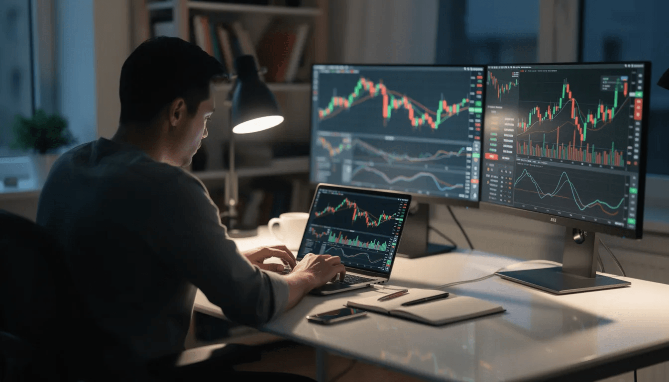 Eine Person sitzt an einem Schreibtisch und analysiert mit einem Laptop Kryptowährungs