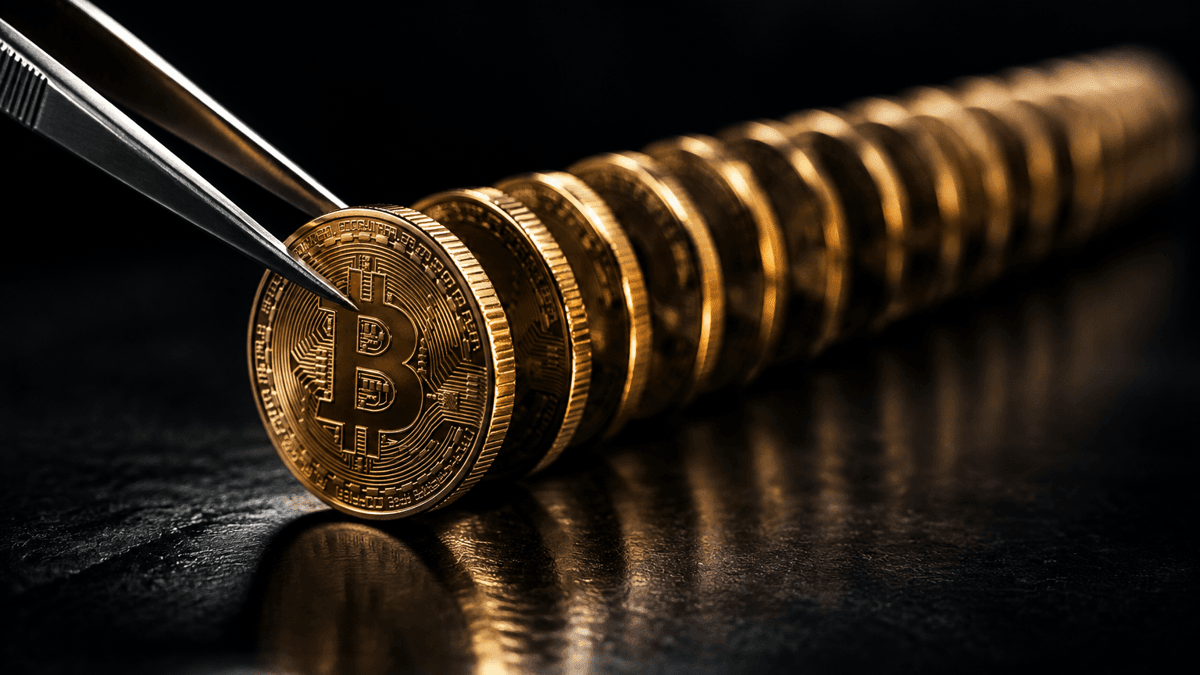 Long row of upright coins arranged like dominoes, with steel tweezers picking out the foremost one