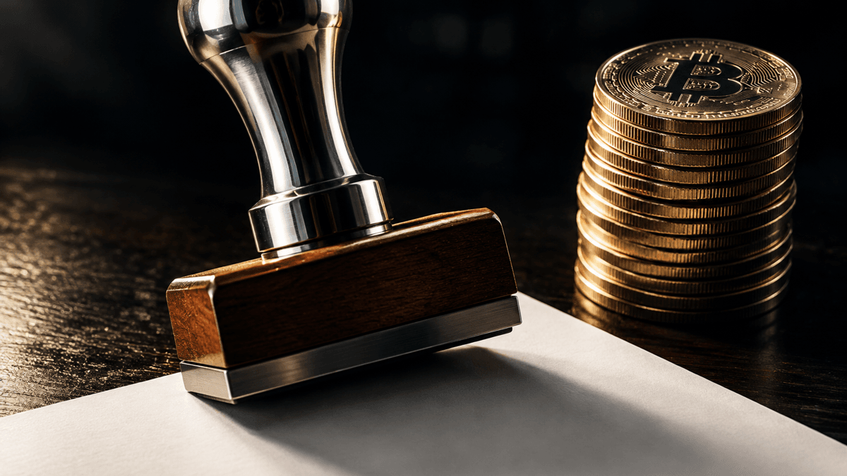 Heavy official wooden stamp coming down on a blank sheet of paper, with a tall stack of coins beside it