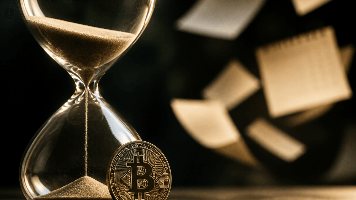 Close-up of an hourglass whose sand is just starting to run, in front of it an upright physical Bitcoin coin against blank calendar pages