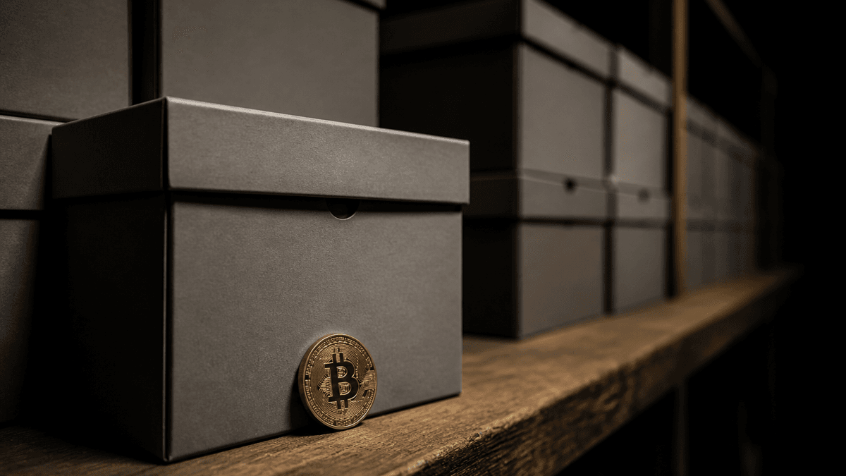 Geschlossener grauer Archivkarton auf einem Holzregal, davor eine Münze mit eingeprägtem Bitcoin-Symbol, dahinter eine Reihe weiterer Kartons