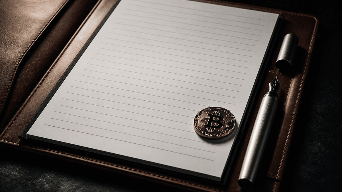 Aufgeschlagene Ledermappe mit leerem liniertem Formularbogen, Füllfederhalter und einer Münze mit eingeprägtem Bitcoin-Symbol darauf