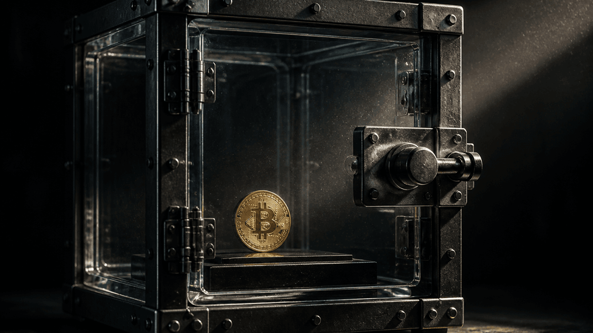 Goldene Münze mit Bitcoin-Zeichen hinter dickem Sicherheitsglas in einem verriegelten Metallkasten
