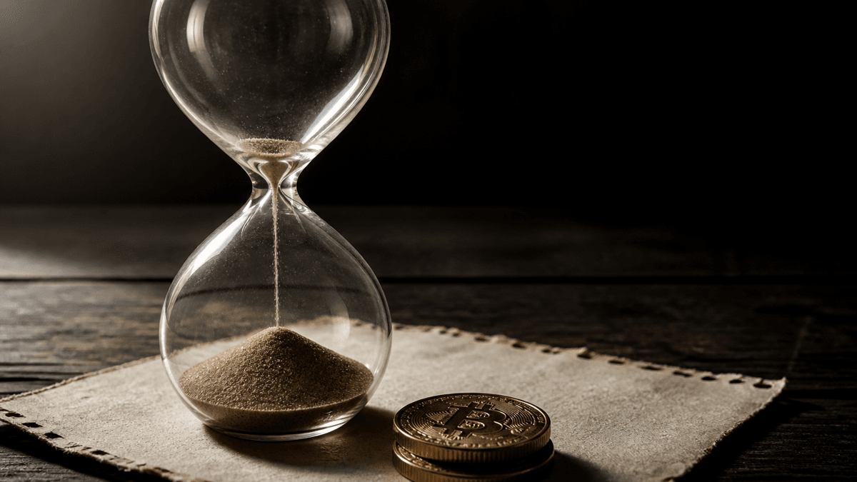 Fast durchgelaufene Sanduhr auf einem leeren Kalenderblatt, daneben zwei gestapelte Münzen mit Bitcoin-Zeichen