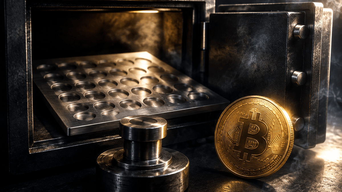 Brushed steel plate with empty stamped recesses inside an open fireproof safe, next to a stamping tool and a gold coin bearing the Bitcoin symbol