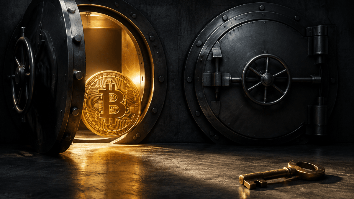 Two heavy vault doors in a dark concrete wall, the left one ajar with a gold coin bearing the Bitcoin symbol, a single brass key in front of the right one