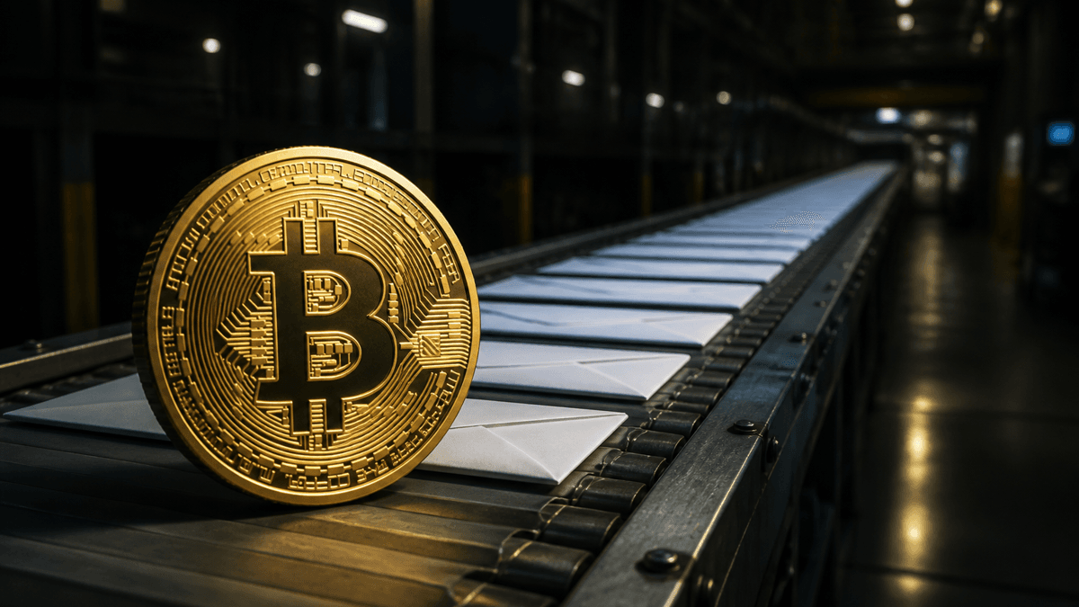 Sortierband in einem dunklen Postverteilzentrum mit dicht gedrängten identischen weißen Briefumschlägen, vorne eine Goldmünze mit Bitcoin-Zeichen