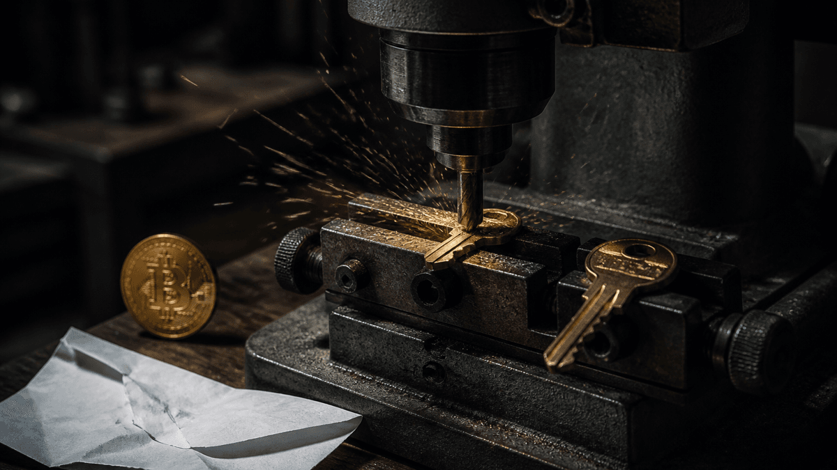 Schlüsselfräsmaschine in dunkler Werkstatt schneidet einen Rohling nach einem fertigen Schlüssel, davor ein zerknüllter Briefumschlag und eine Goldmünze mit Bitcoin-Zeichen