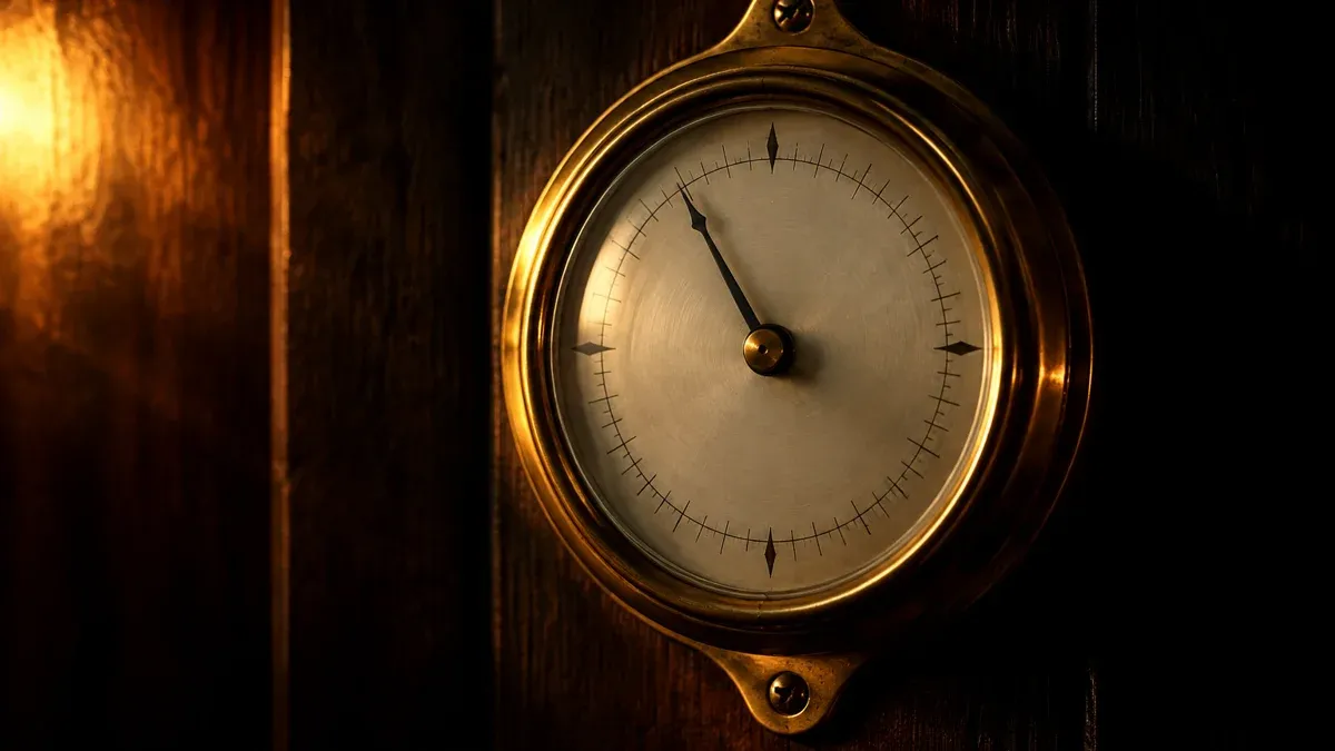 Alter Schiffsbarometer aus Messing an dunkler Holzwand, die Nadel leicht nach links gedreht