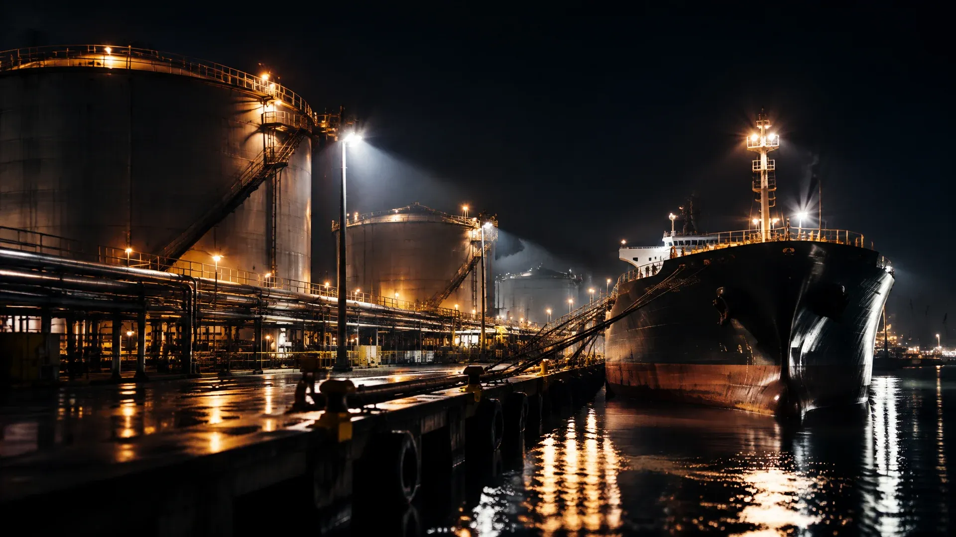 Nächtliches Öl-Tankterminal mit Lagertanks, Rohrleitungen und einem Tanker an der Pier.