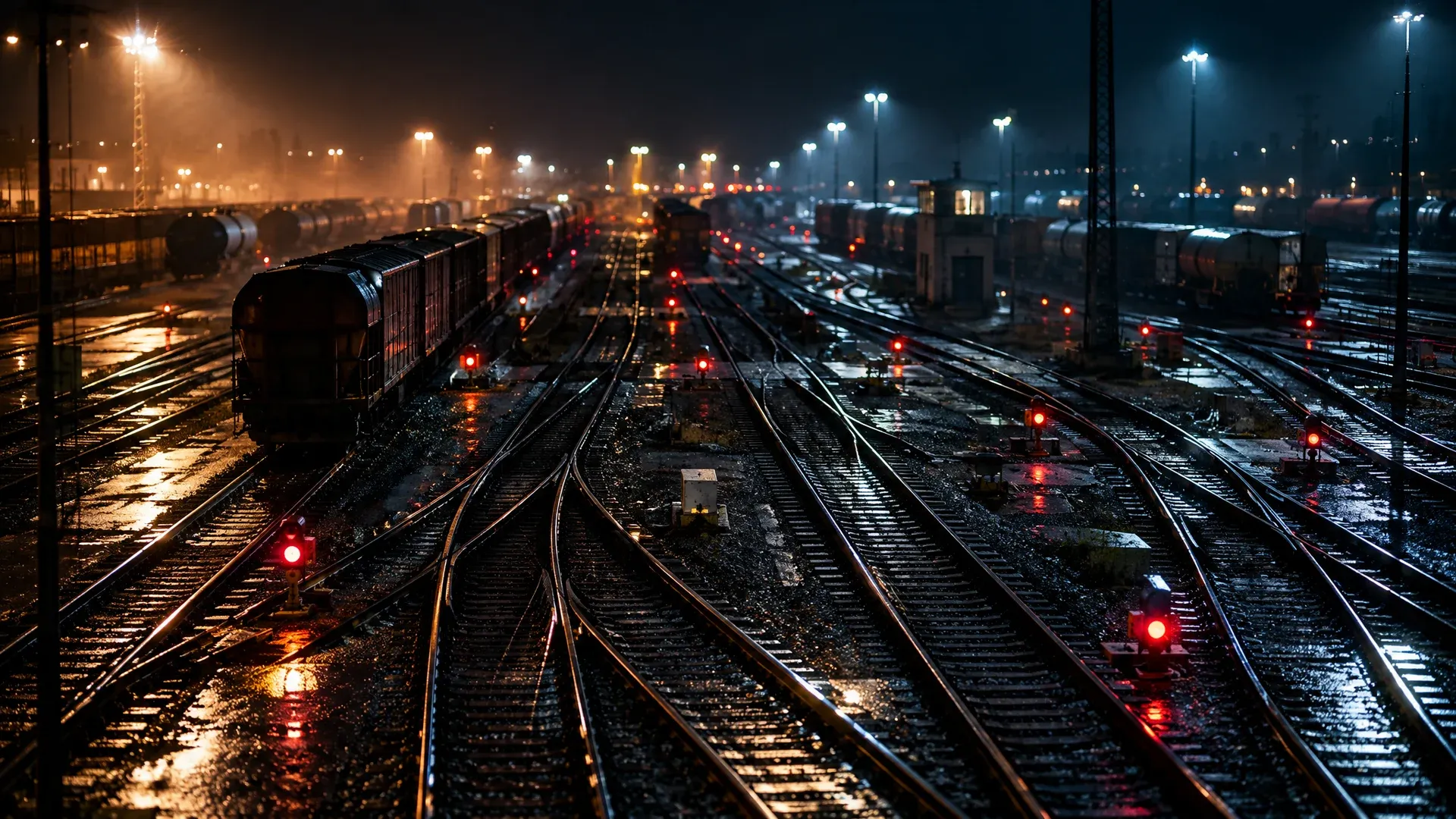 Weit aufgefächerte Gleisharfe eines Rangierbahnhofs bei Nacht, viele Schienenstränge laufen auseinander, Weichenlaternen leuchten