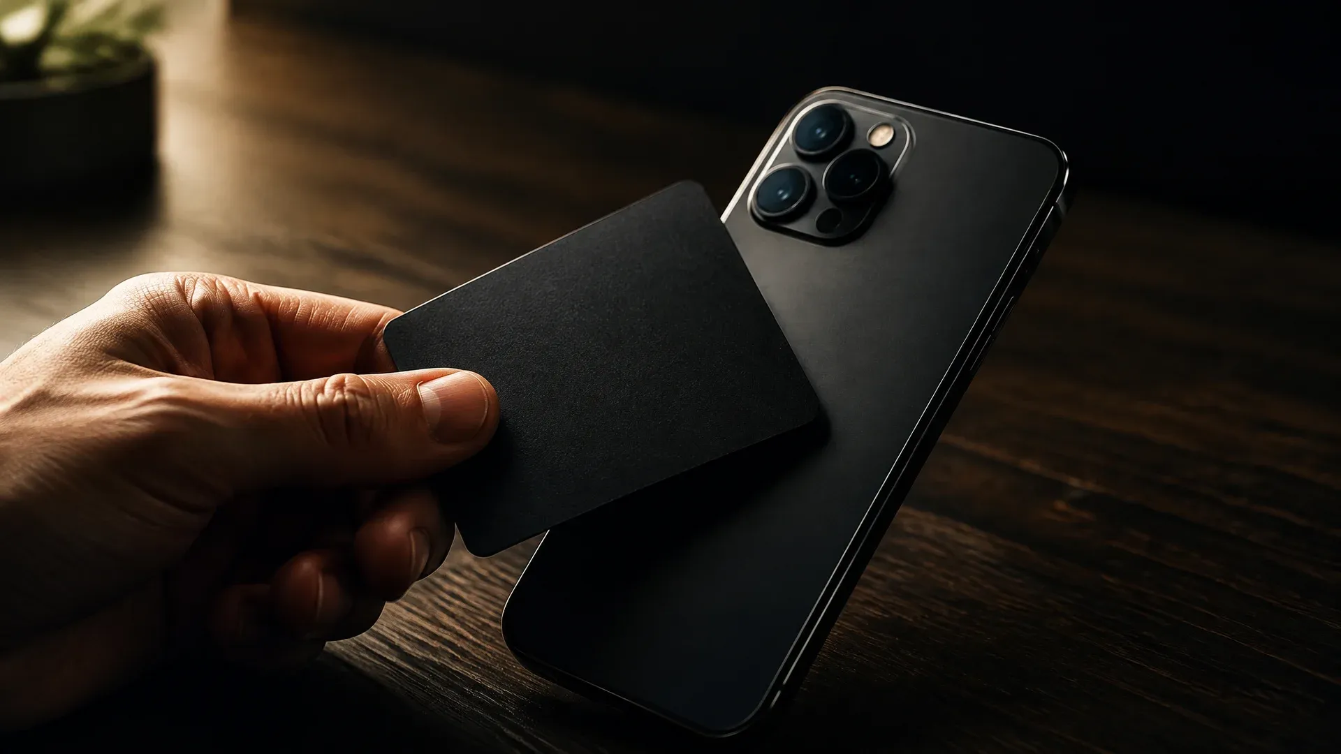 Symbolbild: Hand hält eine schwarze Karte an ein Smartphone, so funktioniert eine Hardware Wallet im Kartenformat