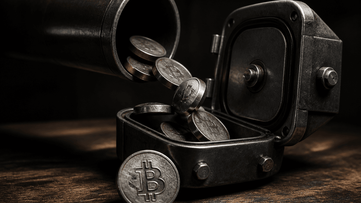 Coins rolling out of an open steel pipe into an opened metal housing with a sealing ring on a workbench