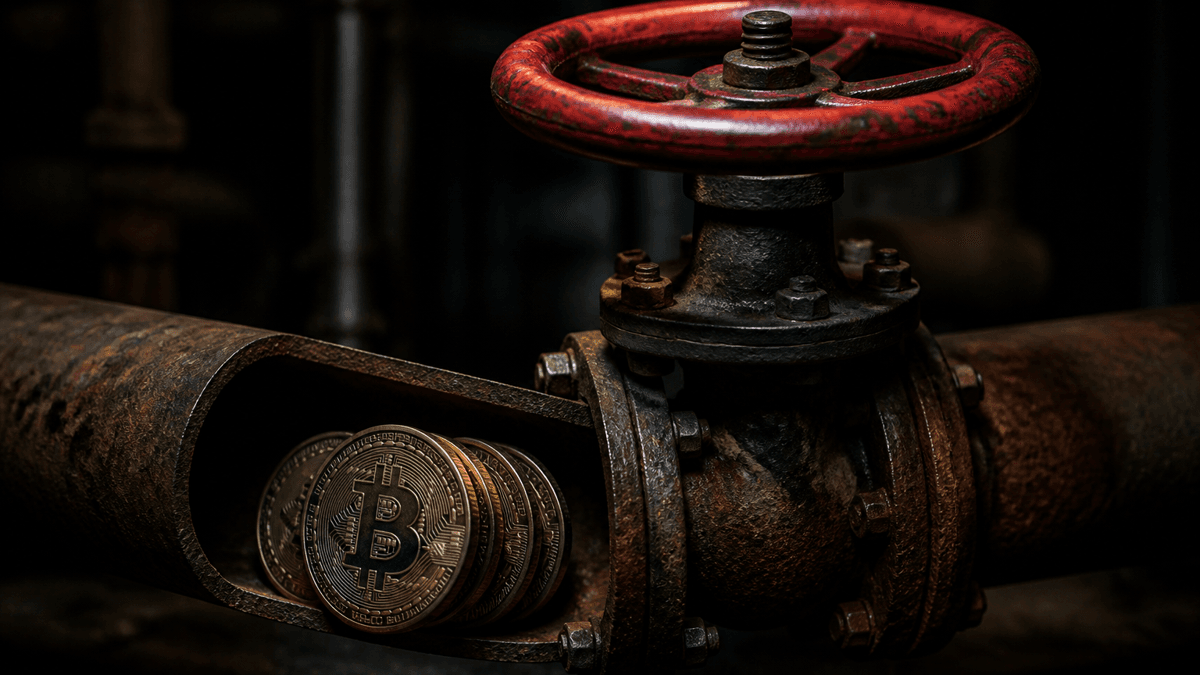 A firmly closed shut-off valve with a red handwheel on a pipeline, with coins piling up in the pipe in front of it