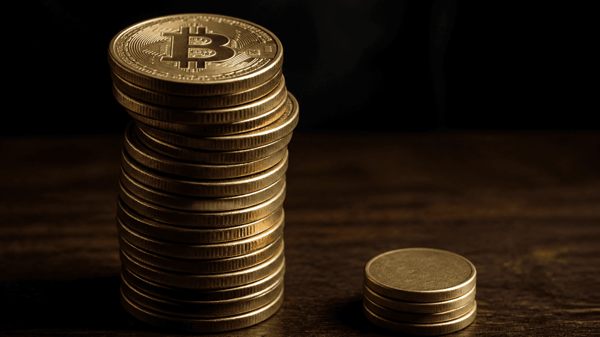Ein hoher Stapel Goldmünzen mit Bitcoin-Symbol daneben ein winziger Stapel aus nur vier Münzen auf dunklem Holz