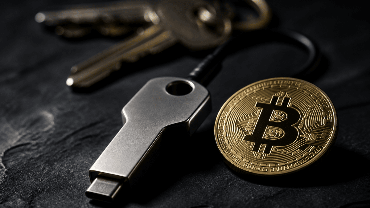 Kleines unbeschriftetes Metallgerät mit kurzem Kabel neben einer Goldmünze mit Bitcoin-Symbol auf dunklem Schiefer