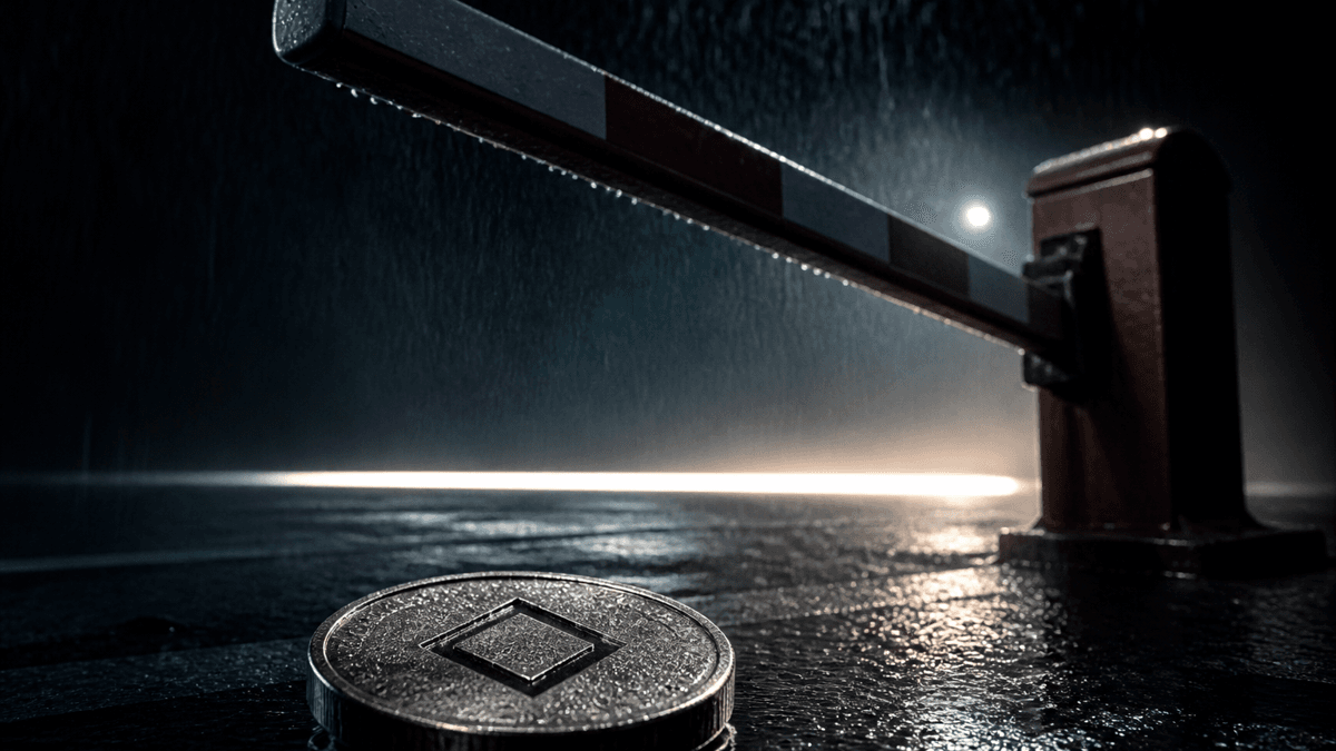 Mechanische Bahnschranke hebt sich ueber nassem Asphalt im Regen, dahinter ein Lichtstreifen, im Vordergrund eine Metallmuenze mit rautenfoermigem Symbol
