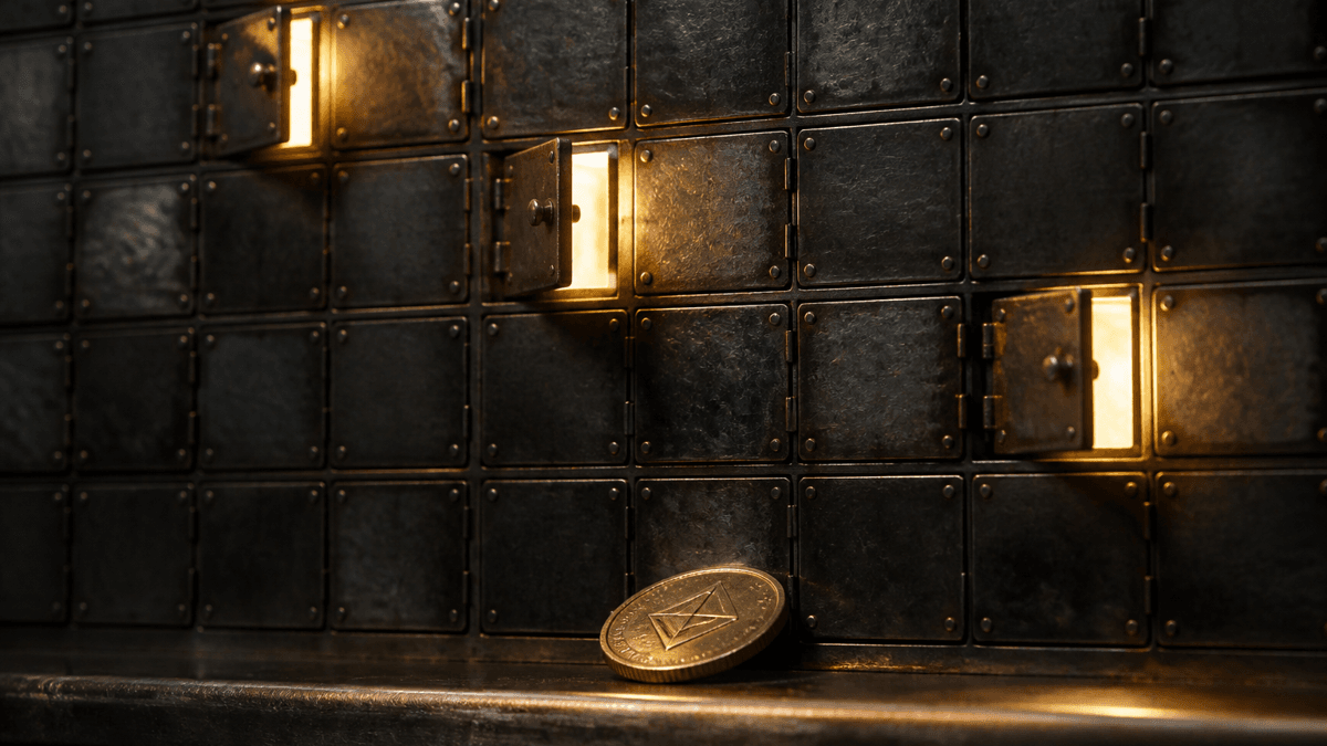 Wand aus vielen kleinen Messing-Schliessklappen, die meisten mit Stahlplatten zugeschweisst, drei stehen noch offen und leuchten warm, auf dem Sims darunter eine Goldmuenze mit Rautensymbol