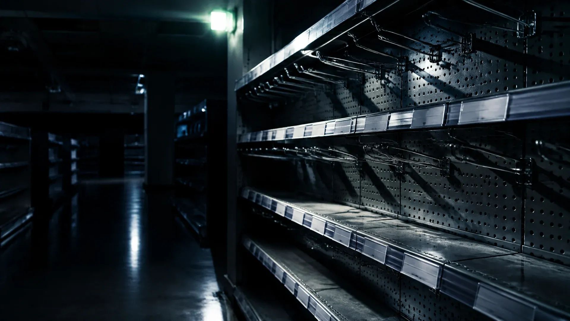Leer geräumtes Verkaufsregal mit blanken Metallhaken in einem Elektronikmarkt bei Nacht