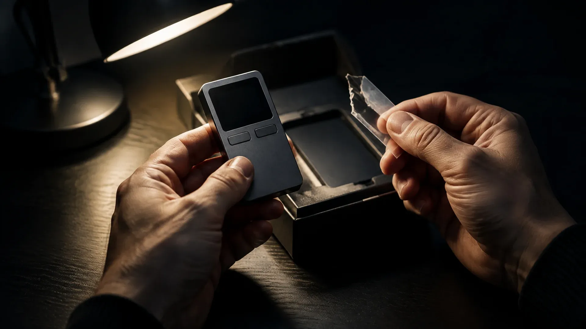 Zwei Hände halten eine markenlose Hardware-Wallet und die aufgeschnittene Siegelfolie der Verpackung