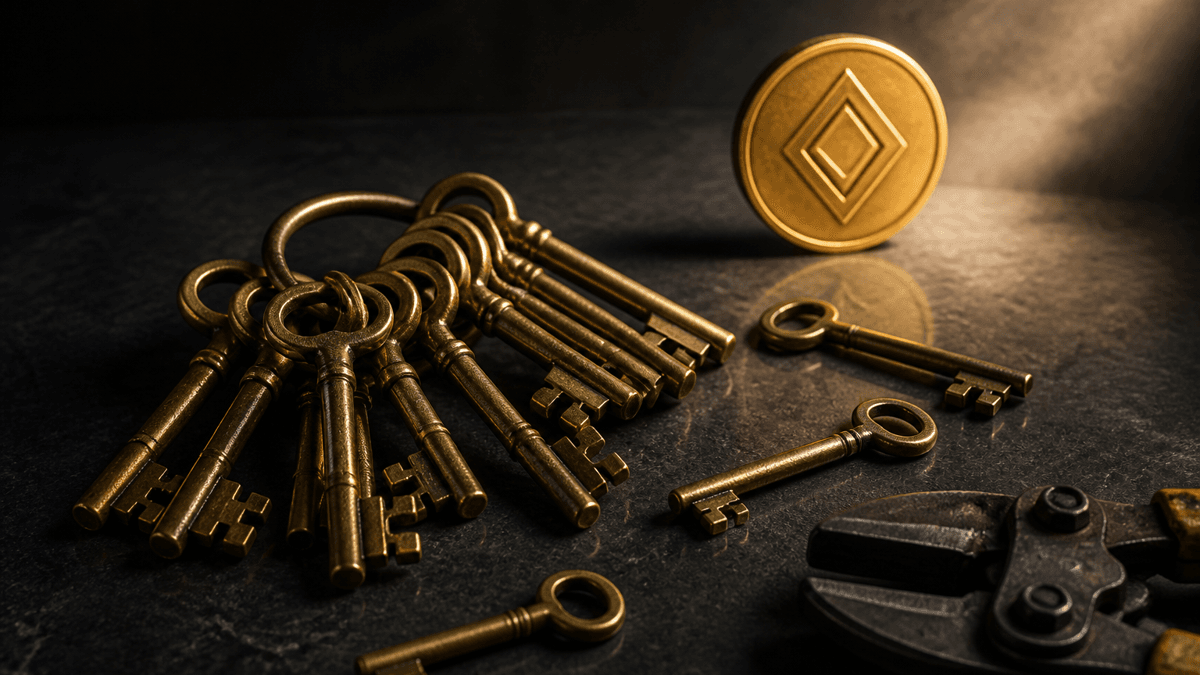 Messing-Schlüsselbund auf dunkler Steinplatte, drei Schlüssel vom Ring getrennt daneben, eine Bolzenschere am Bildrand, dahinter eine Goldmünze mit rautenförmigem Symbol