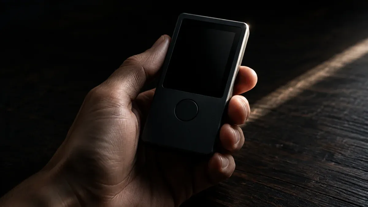 Hand hält ein mattschwarzes Hardware-Wallet ohne Marke über eine dunkle Holzplatte, das Display bleibt schwarz