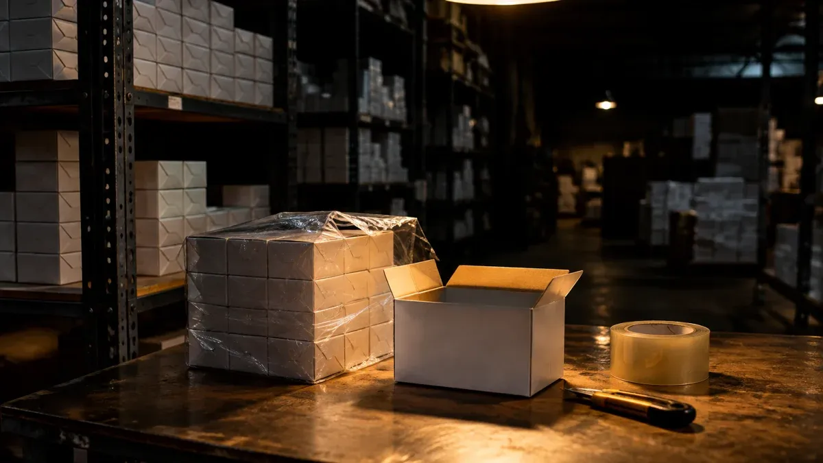 Warehouse with stacked small product boxes, one box lies open on the packing table
