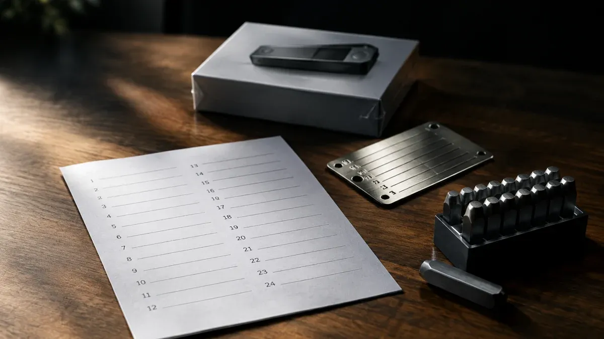 Blank seed sheet next to a steel backup plate and a hardware wallet in its original packaging