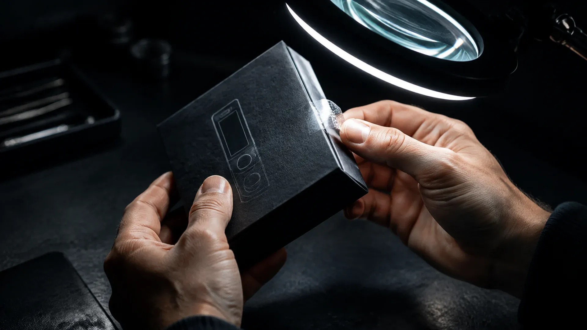 Hände prüfen das Siegel einer originalverpackten Hardware Wallet unter einer Lupenlampe