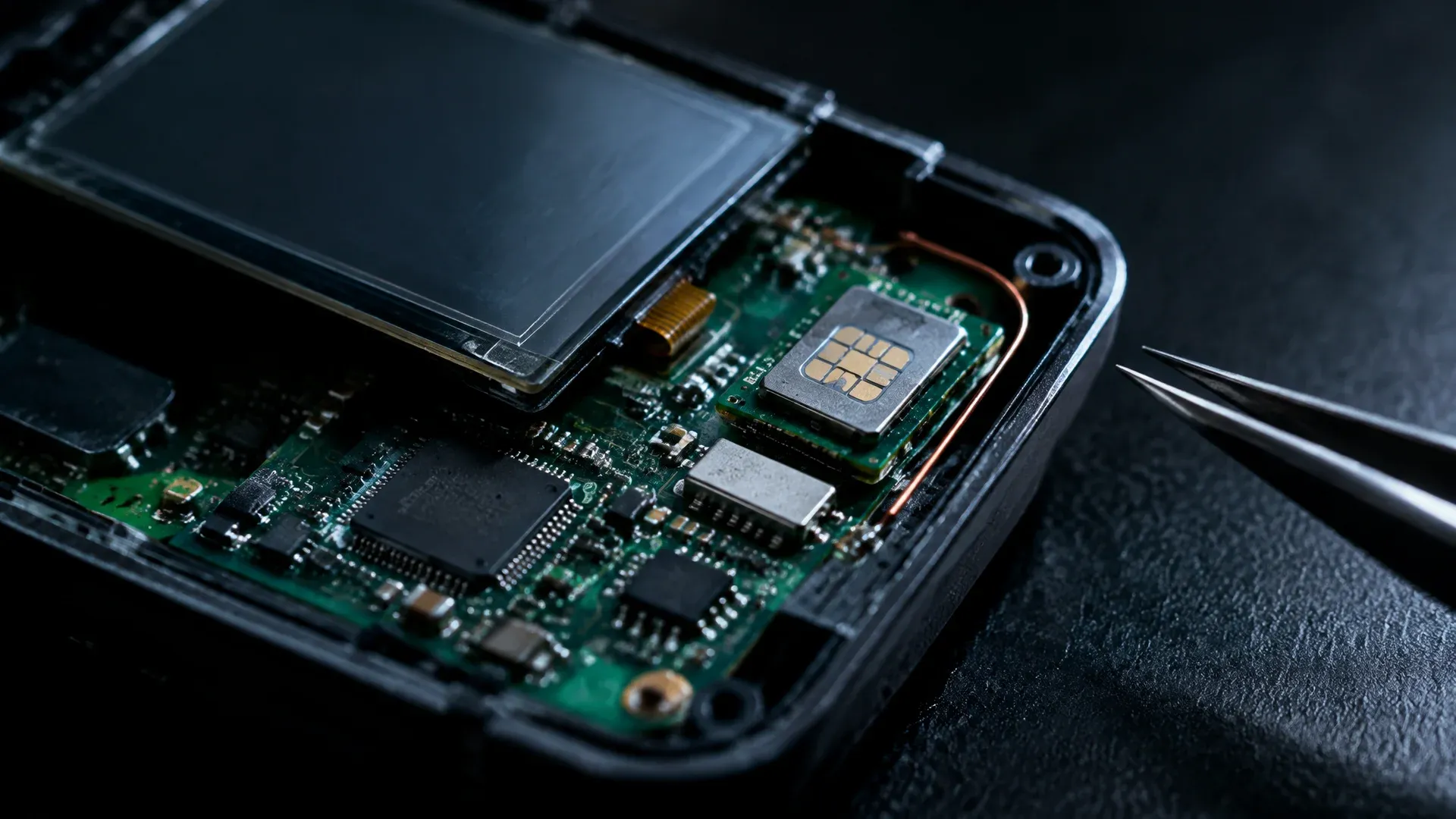 Geöffnete Hardware Wallet mit zusätzlichem Funkmodul und dünnem Antennendraht auf der Platine
