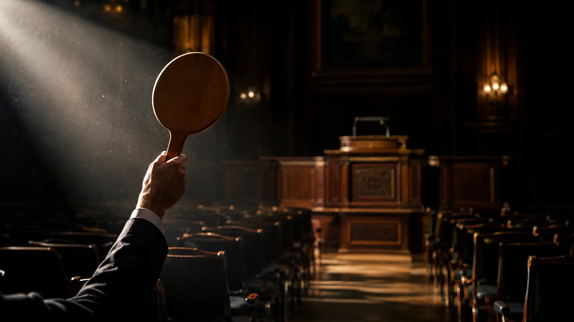 Empty wood-panelled auction room at night with a single raised bidding paddle in the side light