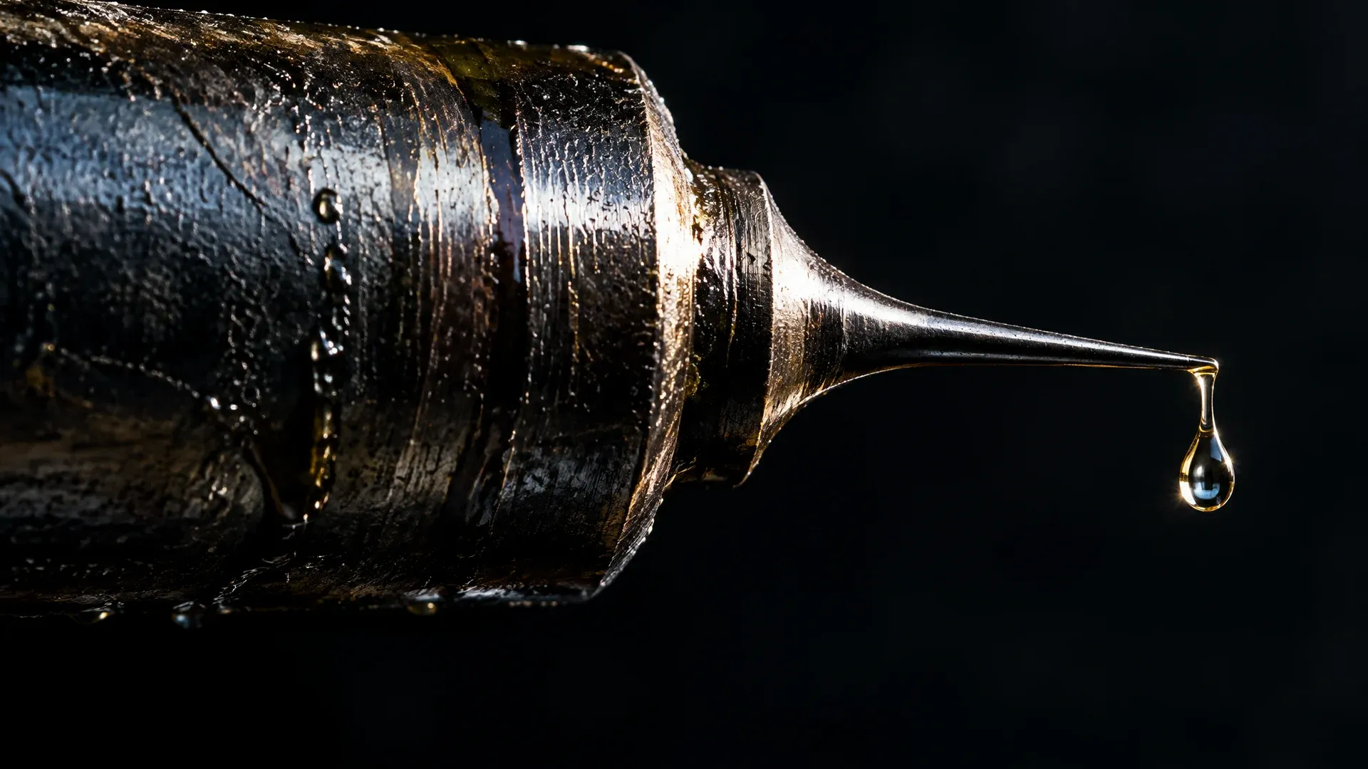 A thick steel pipeline tapering into a hair-fine capillary, a single drop emerging at its end