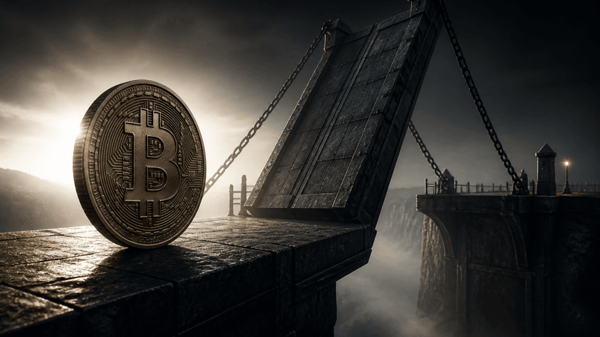 Stählerne Zugbrücke über einer nebligen Schlucht mit hochgeklapptem Mittelsegment an schweren Ketten, davor eine hochkant stehende Münze mit Bitcoin-Zeichen