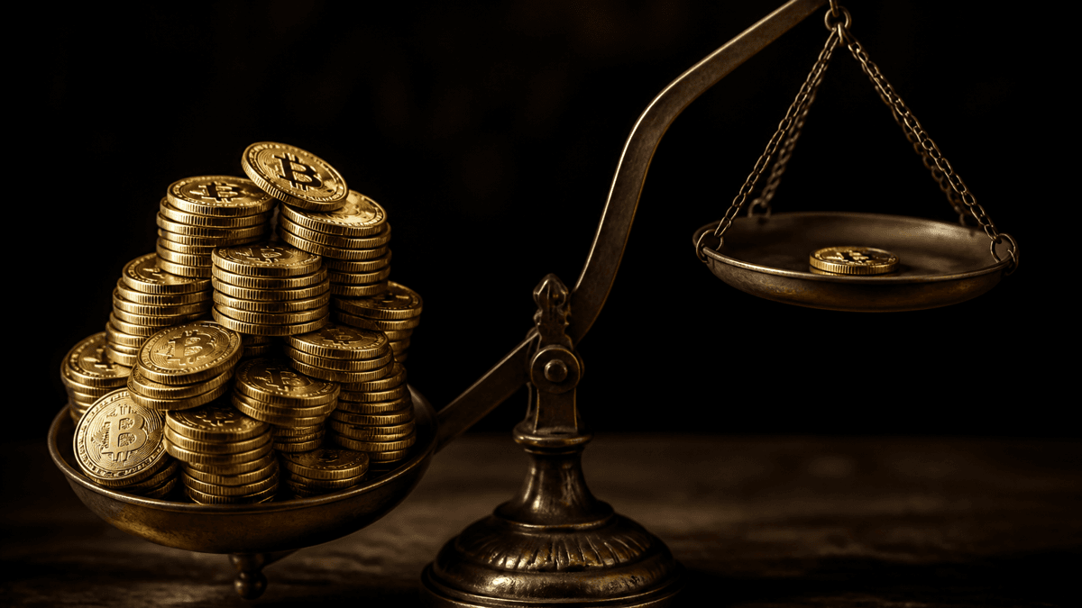 Antike Balkenwaage aus Messing, links ein hoher Stapel Goldmünzen mit Bitcoin-Zeichen, rechts eine einzelne kleine Münze auf der hochgerissenen Schale