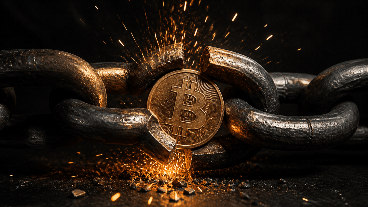 Schwere Ankerkette quer im Bild mit einem einzigen aufgeplatzten Glied, in der Bruchstelle hängt eine Bitcoin-Münze fest
