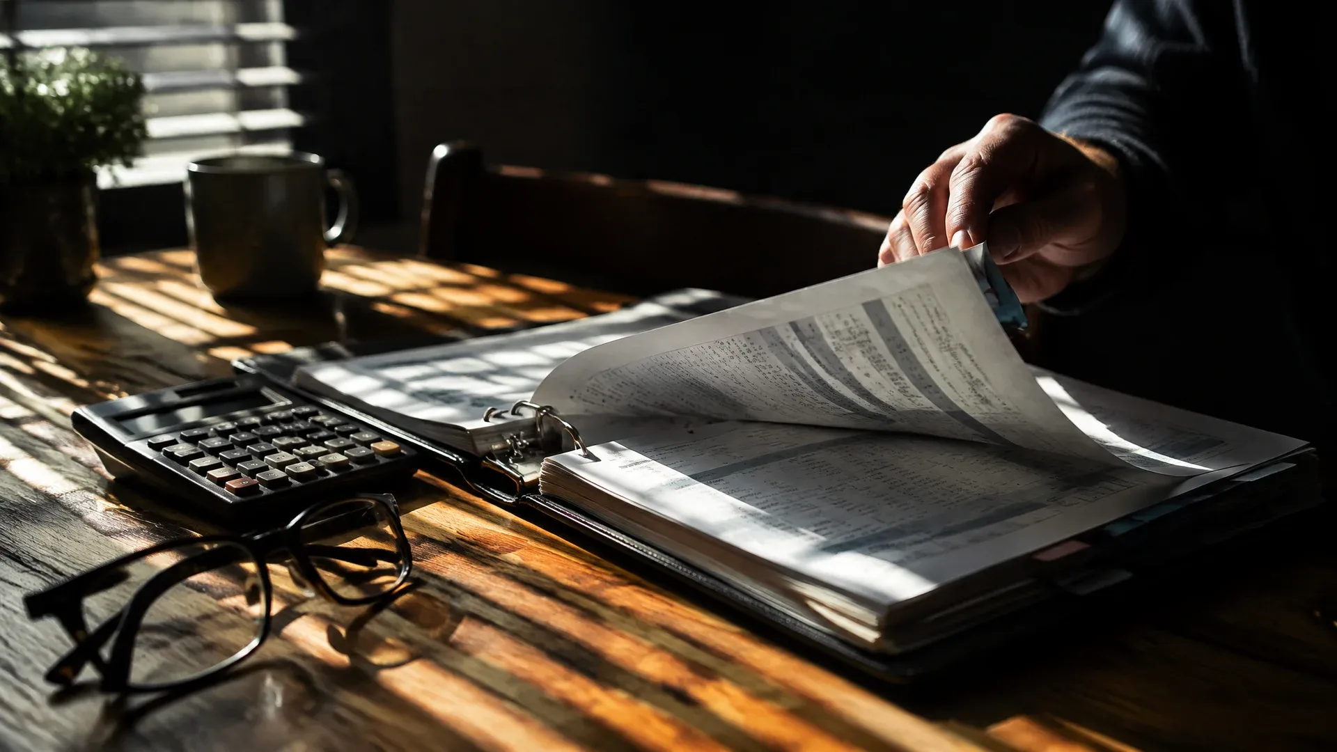 Ring binder with brokerage statements and a calculator on a kitchen table in morning light