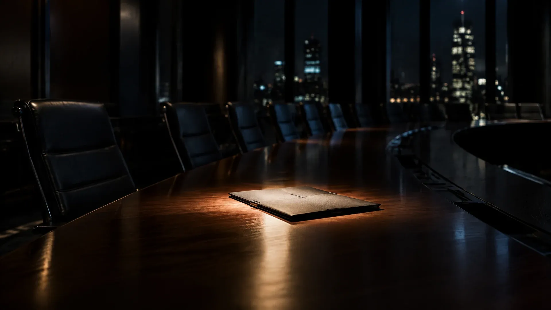 Empty hearing room at a financial regulator at night, a cone of light on a closed file cover