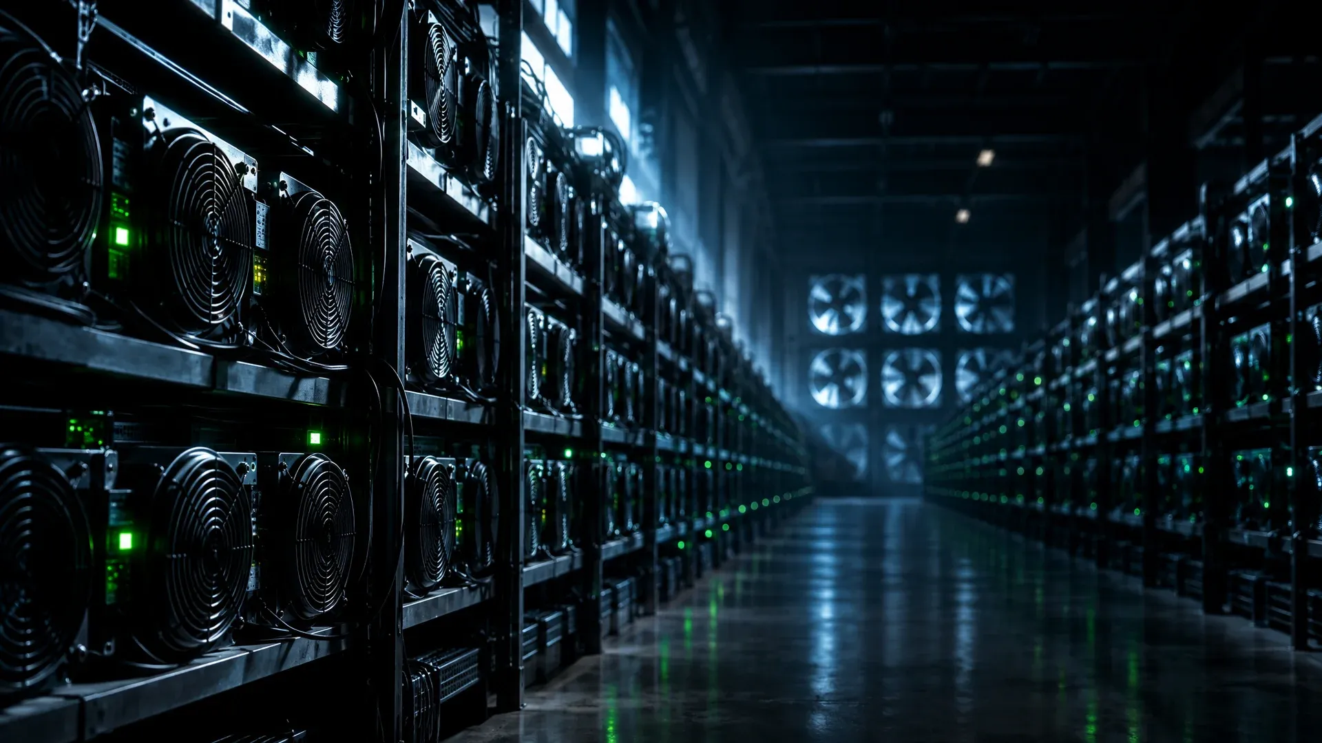 Lange Reihen schwarzer Mining-Rigs mit Lüfterwänden in einer dunklen Industriehalle, einzelne grüne Statuslichter